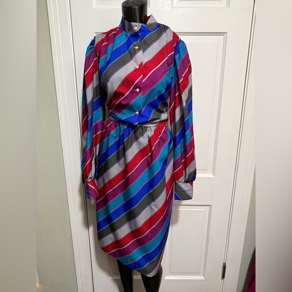 Vintage 1970s Stripe Long Sleeve Womens Dress Size 10 Red Blue Green Tan Purple